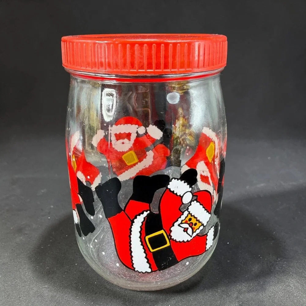 Vintage Santa Claus Glass Cookie Jar Made‎ in France Red Lid Christmas Canister